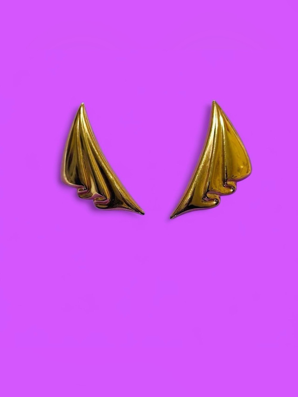 Vintage Gold Tone Winged Draped Look Statement Earrings